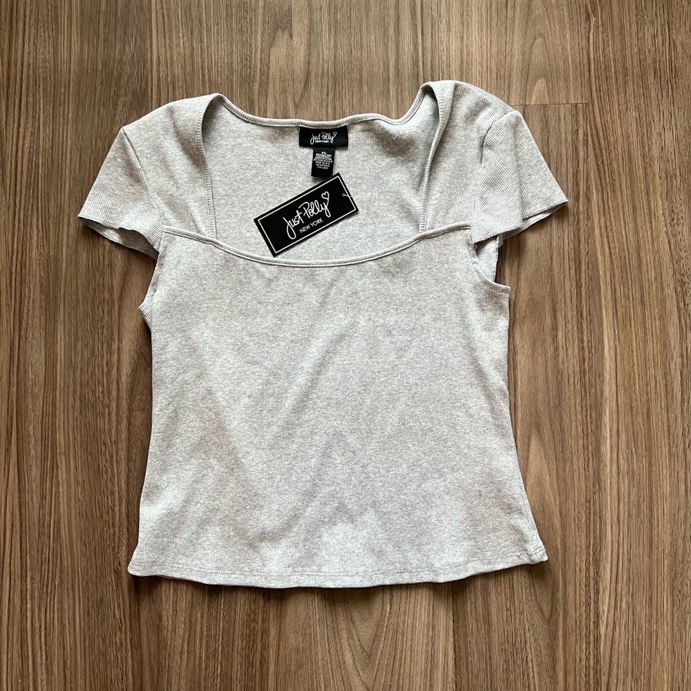 NWT Just Polly Ribbed Square Neck Top XL Fitted Cropped Tee Gray